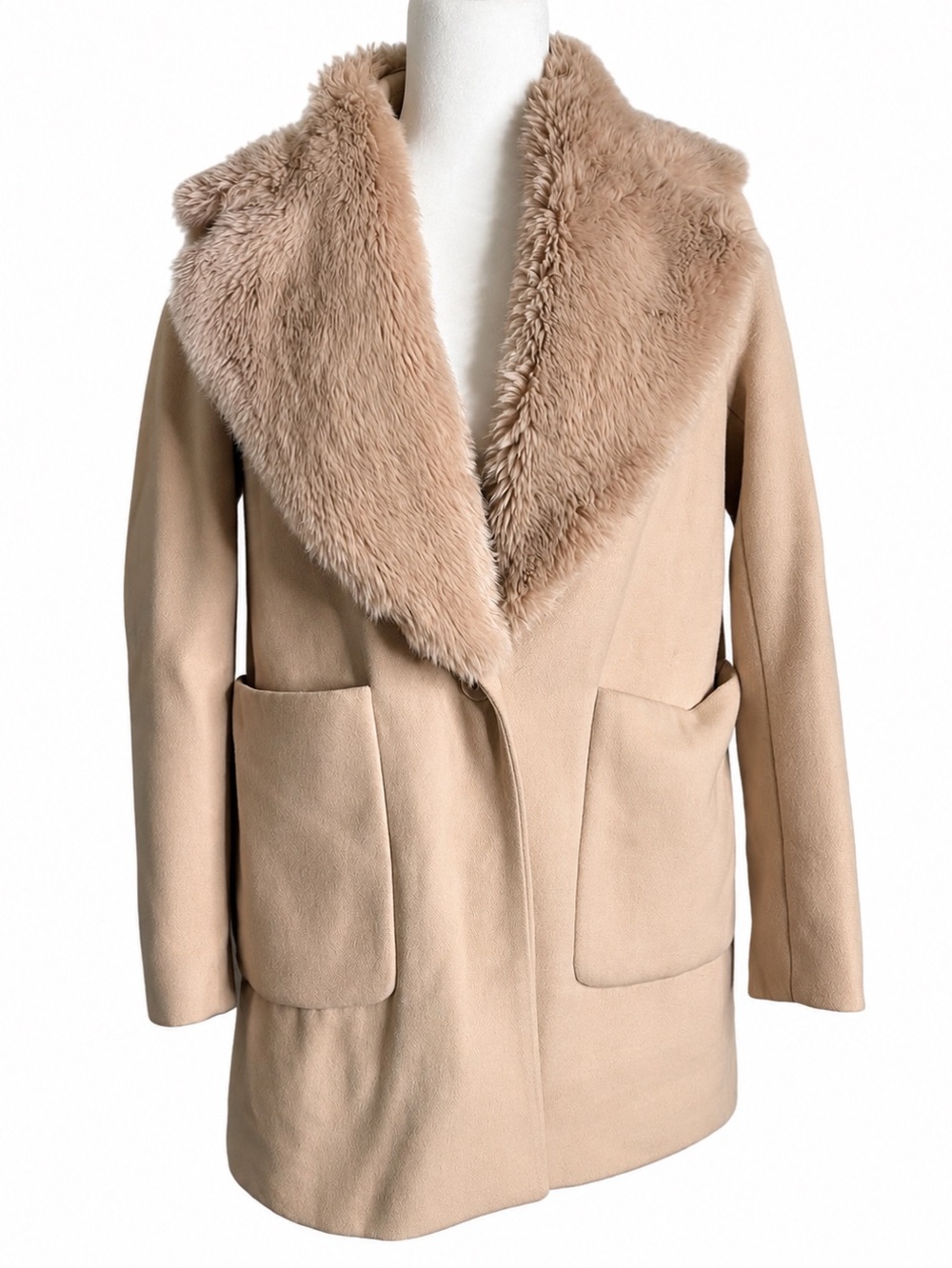 Zara Basic Wool Blend Coat Faux Fur Shawl Collar Beige Patch Pocket XS